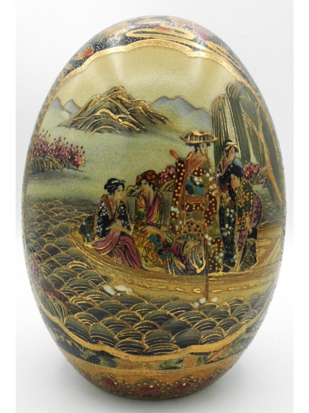 VTG Japanese Satsuma Pictorial  Geisha Egg Gold Gilt Hand Painted Moriage 8 IN.